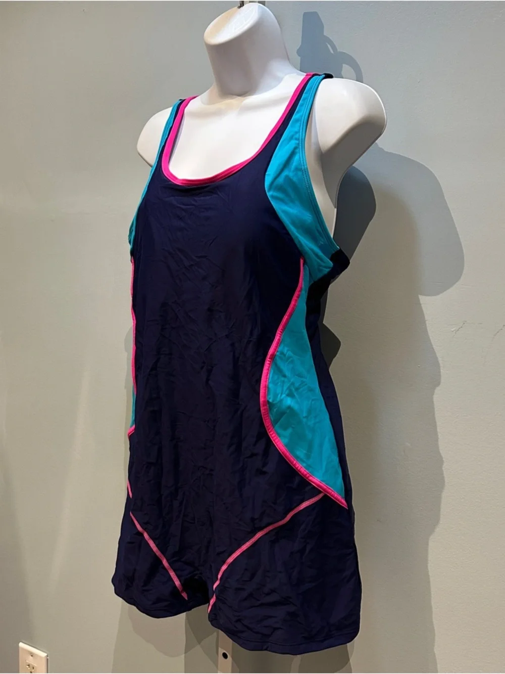 Navy Blue Athletic One-Piece Swim Suit with Turquoise & Pink Accents 2XL NWOT